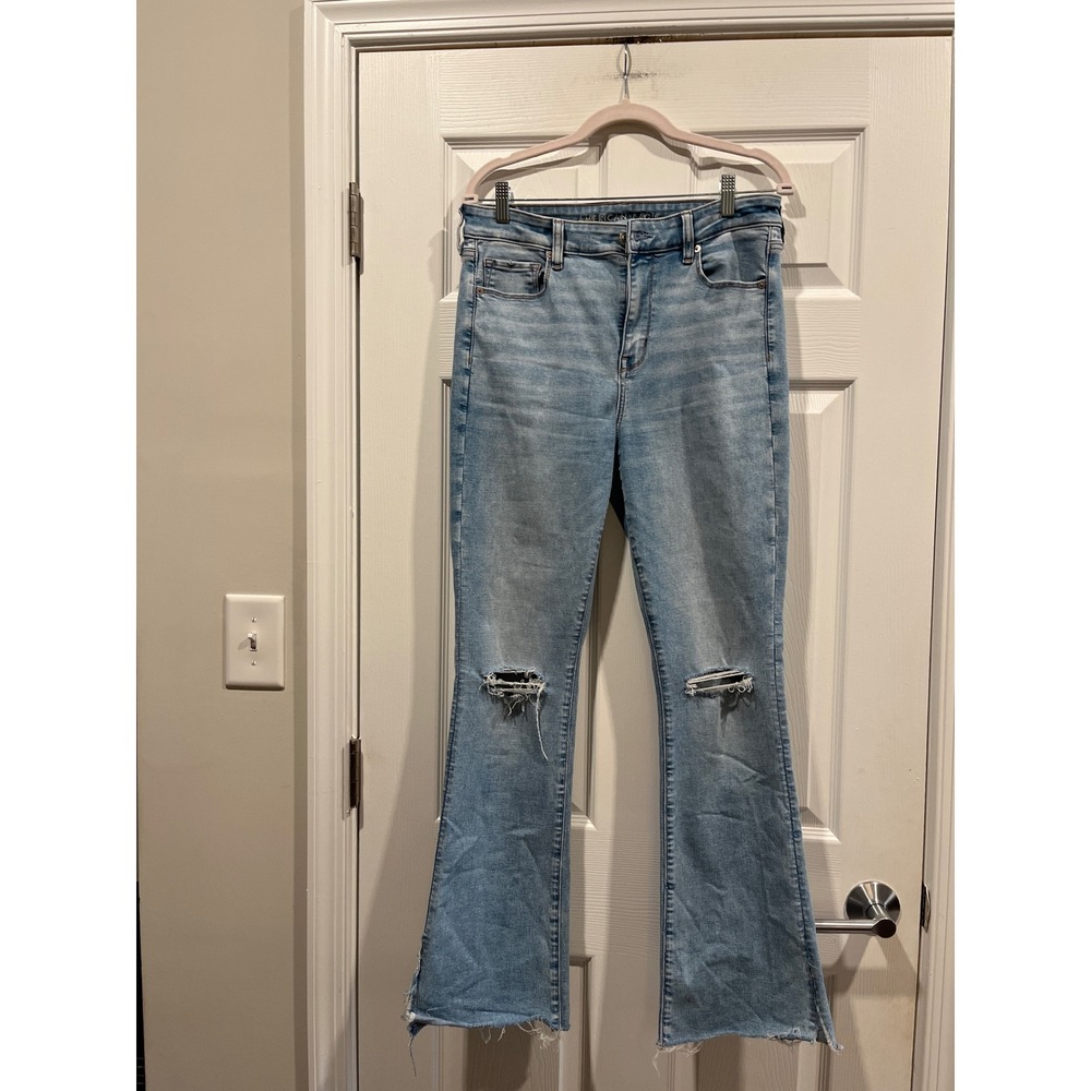 American Eagle High Waisted Distressed Flare Jeans Light Wash Level Stretch 12
